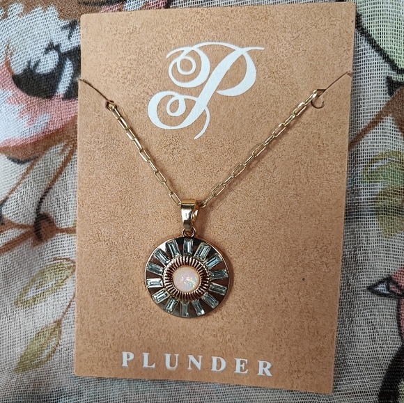 Faux Plunder Brand Faux Opal Baguette Rhinestone Gold Tone Necklace Pendant NEW - Picture 4 of 10